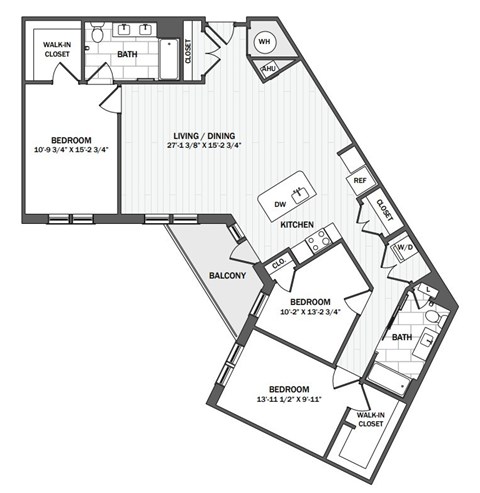 A black and white image of a house floor plan with three bedrooms, a living/dining area, a kitchen, a balcony, and a walk-in closet.